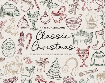 Retro Christmas Clipart, Vintage Sketch Graphics, Winter Holiday Elements (SVG, PNG)