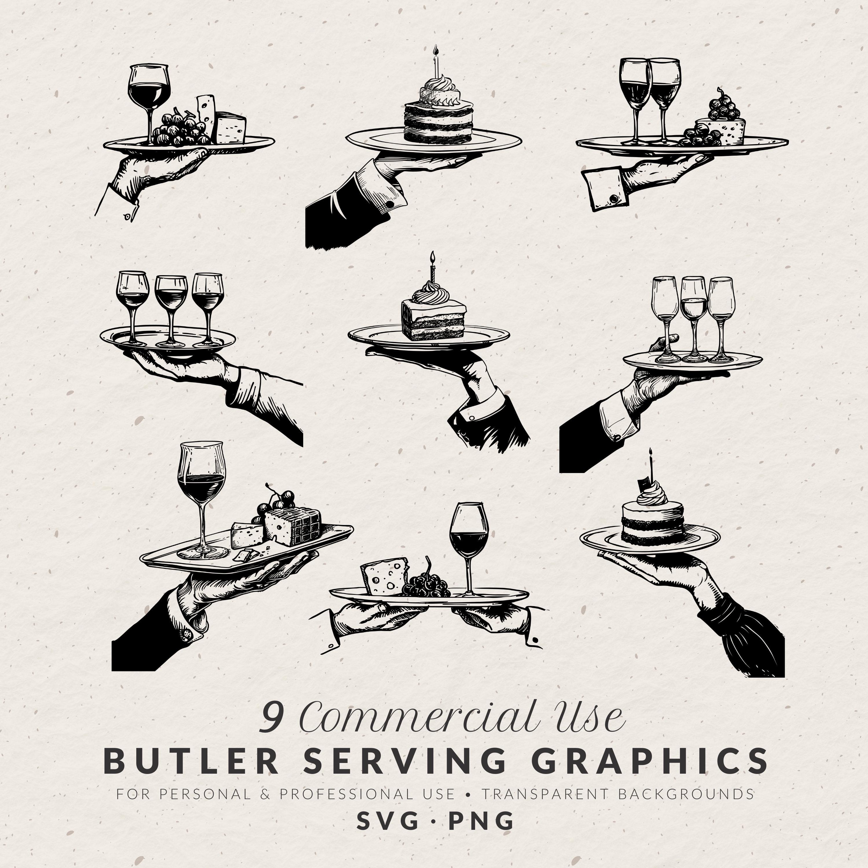 Hand Drawn Butler Serving Tray Illustrations, Whimsical Wedding Doodle ...