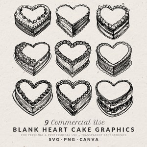 Pacote de ilustração de bolo em formato de coração em branco desenhado à mão SVG PNG, rabiscos vintage, ícones clássicos de casamento, clipart para convite de festa de casamento