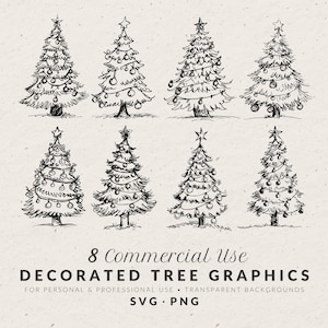 Ilustración de árbol de Navidad vintage decorado a mano (SVG/PNG), iconos de vacaciones de invierno, garabatos de abetos caprichosos, clip art lineal para invitaciones
