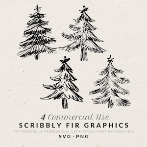 Ilustración de abeto navideño vintage dibujado a mano (SVG/PNG), iconos de vacaciones de invierno, garabatos de abetos caprichosos, clip art lineal para invitaciones