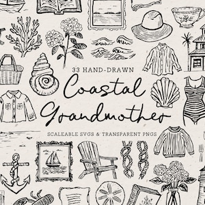 Hand Drawn Coastal Grandmother Doodle Bundle, Grandmillenial Line Art Illustrations (SVG & PNG Download) image 1