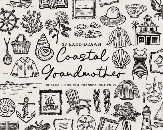 Coastal Grandmother Clipart Bundle, Nautical Hand Drawn Illustrations (SVG PNG)