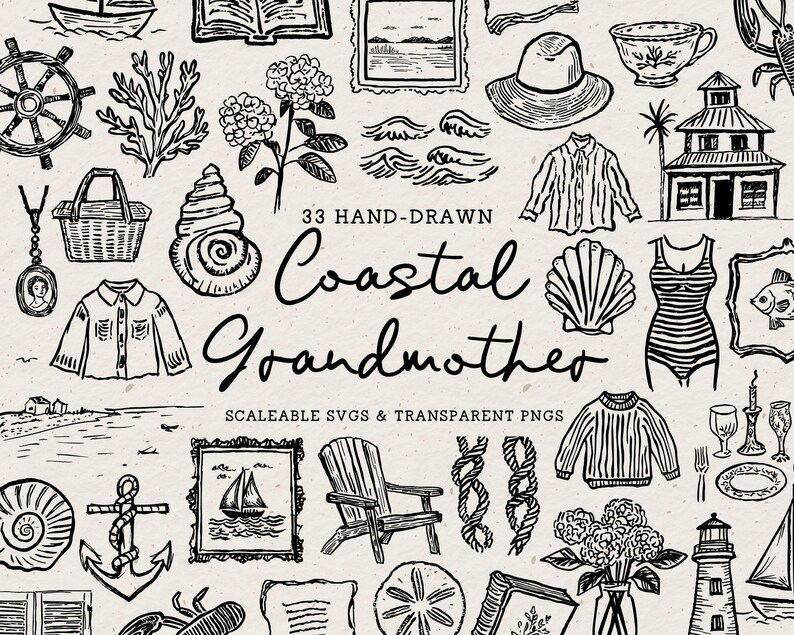 Hand Drawn Coastal Grandmother Doodle Bundle, Grandmillenial Line Art Illustrations (SVG & PNG Download) image 1