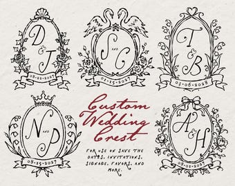 May include: Five black ink illustrations of oval wedding crests featuring floral, swan, and crown motifs with initials and dates. The text reads Custom Wedding Crest for use on save the dates, invitations, signage, favors, and more in red and black.