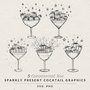 Hand Drawn Sparkly Gift Martini Glass Illustration SVG PNG, Whimsical Christmas Present Cocktail Doodle, Art for Holiday Party Invitation