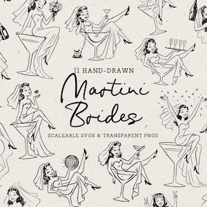 Op de afbeelding: Zwart-wit illustraties van bruiden in martiniglazen. De afbeelding bevat de tekst "11 Hand-Drawn Martini Brides" en "Scalable SVGs & Transparent PNGs". De bruiden worden in verschillende poses afgebeeld, met diverse accessoires.