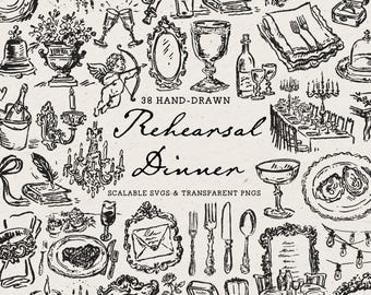 May include: A collection of 38 black and white hand-drawn illustrations featuring wedding and event motifs, including a chandelier, wine glasses, a cupid, cutlery, and plates. The text reads 38 HAND-DRAWN Rehearsal Dinner SCALABLE SVGS & TRANSPARENT PNGS.