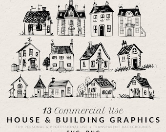 Bruiloft clipart bundel: handgetekende huizen en gebouwen, doodles, SVG & PNG