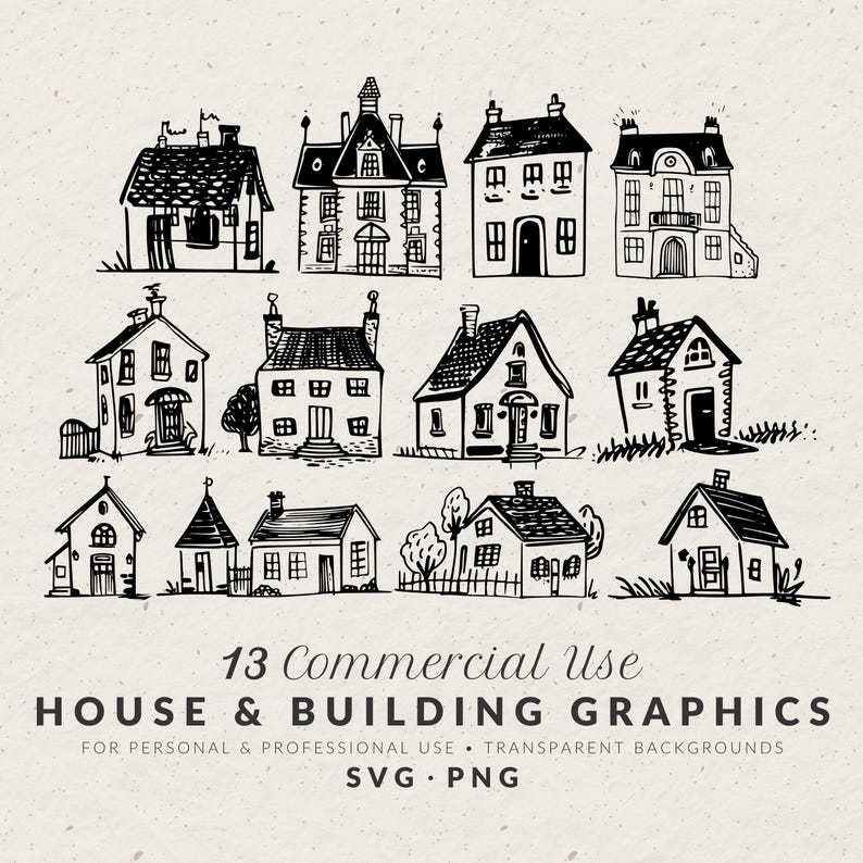 Bruiloft clipart bundel: handgetekende huizen en gebouwen, doodles, SVG & PNG afbeelding 1