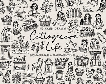 Hand Drawn Cottagecore Doodle Bundle, Whimsical Line Art Illustrations (SVG & PNG Download)