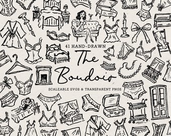 May include: A collection of 41 black and white hand-drawn illustrations featuring lingerie, bedroom furniture, and accessories. The central text reads 41 HAND-DRAWN The Boudoir SCALEABLE SVGS & TRANSPARENT PNGS, showcasing various intimate apparel items.