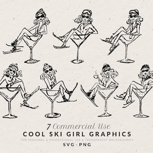 Martini Ski Mädchen Clipart, Handgezeichnete Cocktail Mädchen Doodles, Vintage Retro Apres Ski Trip Illustrationen, gemütliche Winterurlaub Symbole, SVG PNG