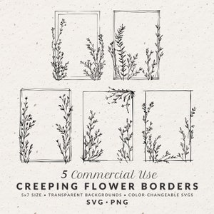 Ensemble d'illustration de bordure de vigne fleur dessinée à la main PNG SVG, taille 5 x 7, lunatique Doodle Scribble cadre Clip Art pour faire-part de mariage