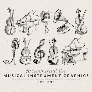 Ilustrações de instrumentos musicais desenhados à mão SVG PNG, ícones de casamento, rabiscos musicais excêntricos, clip art para uso comercial em convites