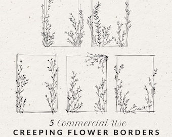 Puede incluir: Cinco marcos rectangulares en blanco y negro con detalles florales. Los marcos están delineados con líneas finas, y los elementos florales están detallados con líneas delicadas. El texto en la parte inferior dice "5 Commercial Use CREEPING FLOWER BORDERS".