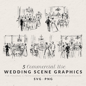 May include: Black and white line art illustrations of wedding scenes. The image shows five different scenes of wedding receptions with people, tables, and chandeliers. Text at the bottom reads "5 Commercial Use WEDDING SCENE GRAPHICS" and other details.