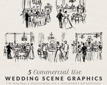 Hand Drawn Wedding Reception Illustrations, Whimsical Vintage Doodle Line Art Bundle (SVG & PNG Clipart)