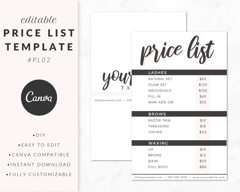 Price List Template for Canva Editable Pricing Guide Service Etsy