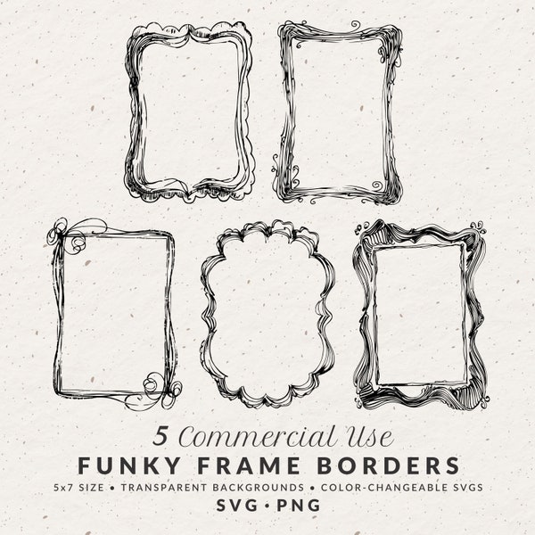 Hand Drawn Funky Vintage Border Illustration Bundle Set, SVG PNG, Size 5x7, Whimsical Doodle Scribble Frame Clipart for Wedding Invitations