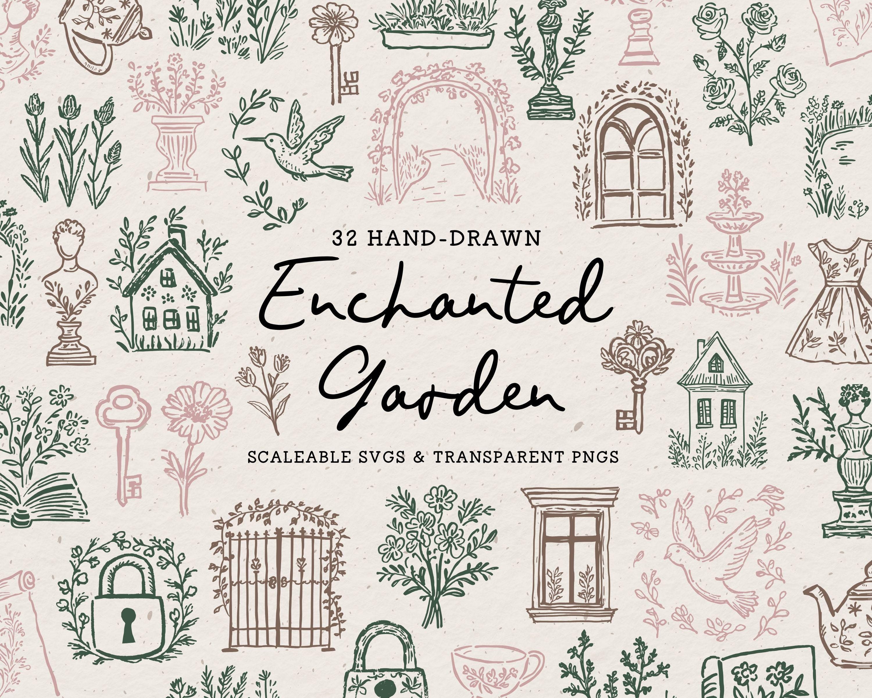 Clipart de Jardín Encantado, Paquete de Ilustraciones Primaverales Dibujadas a Mano, Íconos de Bodas Primaverales, Arte Lineal Floral SVG PNG, Flores