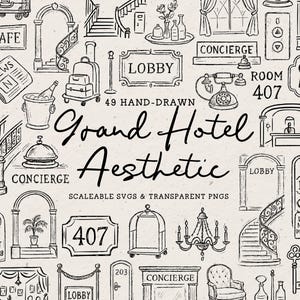 Fancy Hotel Clipart, Pacote de ícones de rabiscos desenhados à mão, Ilustrações elegantes de locais de casamento barrocos vintage, Concierge, Lobby, Chave SVG PNG