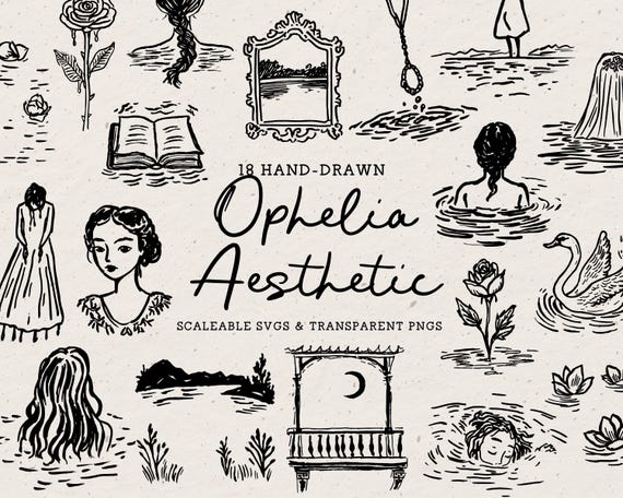 Ophelia Aesthetic Clipart, Hand Drawn Shakespeare Doodle Bundle, SVG PNG Illustration Icons, Dark Victorian Line Art, Dark Drowning Graphics