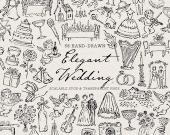 Elegant Wedding Clipart Bundle: Hand-Drawn Doodle Illustrations, SVG & PNG