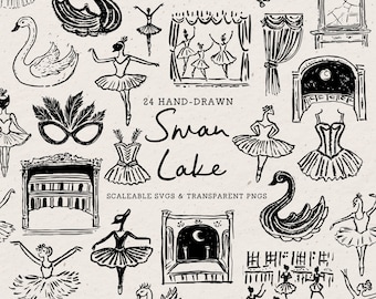 May include: Hand-drawn black and white illustrations of ballet-themed elements, including swans, ballerinas, stage sets, and masks. The text "Swan Lake" is featured, along with the phrase "24 Hand-Drawn". The image is suitable for digital art projects.