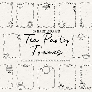 Hand Drawn Tea Party Invitation Border, Invite Frame Bundle SVG PNG 5x7, Whimsical Wavy Loopy Doodle Clipart for Stationery, Cake, Flowers