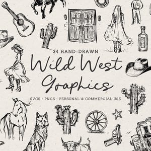 Handgezeichnete Wilder Westen Illustration Bundle SVG PNG, Cowgirl Clip Art, Last Rodeo Grafiken, Cowboystiefel, Western Bachelorette, schwarze Symbole