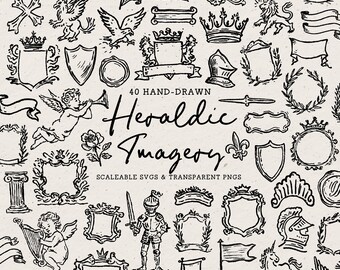 Hand Drawn Vintage Frames Doodle Bundle, Heraldic Line Art Illustrations (SVG & PNG Download)