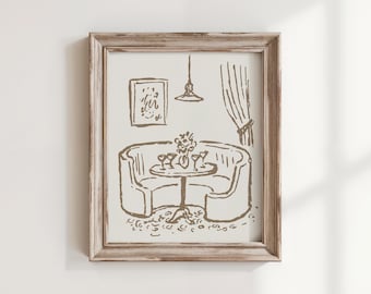 Cocktails for Two Art Print, A Table for Two, Whimsical Vintage Wall Art, Hand Drawn Date Night Illustration, Bar Decor