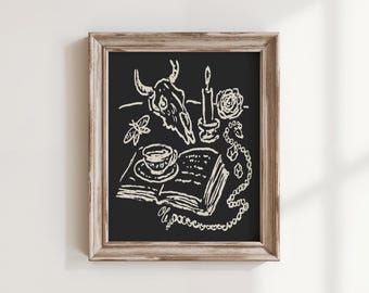 Skull and Rose Art Print, Still Life with a Skull, Gothic Witchy Wall Art, Moody Vintage Illustration, Dark Academia Decor