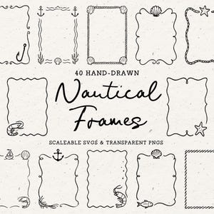 Könnte beinhalten: Set mit 40 handgezeichneten nautischen Rahmen mit verschiedenen Designs zum Thema Meer, darunter Anker, Muscheln, Fische und Seesterne. Die Rahmen sind skalierbare SVGs und transparente PNGs.