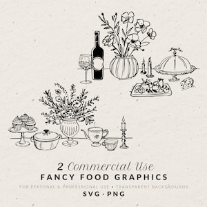 Hand Drawn Wedding Food Illustrations SVG PNG, Vintage Style Wedding Icons, Rehearsal Dinner Doodles, Vintage Bridal Shower Clip Art