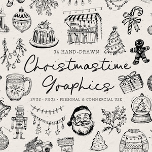 Handgezeichnete Weihnachtsillustrationen, wunderliches Urlaubs Doodle Sketch Art Bundle (SVG & PNG Clipart)