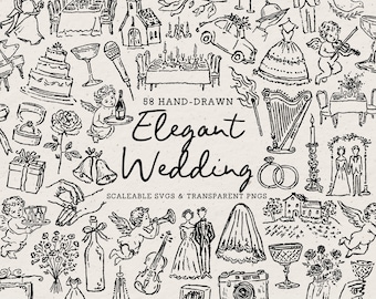 May include: Black and white hand-drawn illustrations of wedding-related items, including a cake, rings, a dress, and a car. The text "Elegant Wedding" is displayed in a cursive font. The image also includes the text "58 Hand-Drawn" and "Scalable SVGs & Transparent PNGs."