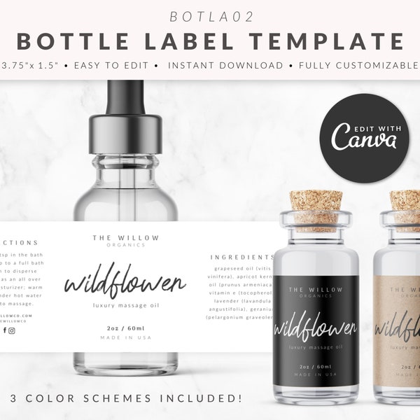 1oz 2oz Bottle Label Template for Canva, Dropper Label, Product Packaging, Editable Product Labels, HARLOW, BOTLA02