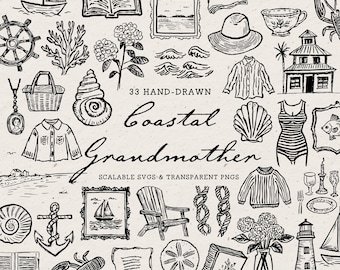 Coastal Grandmother Clipart Bundle: Hand-Drawn Grandmillenial Doodles, SVG & PNG