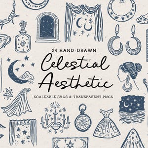 Clipart étoiles lune et étoiles dessinés à la main, ensemble d'illustrations du zodiaque dessiné à la main, icônes de mariage fantaisistes, nuit PNG, ciel Art SVG