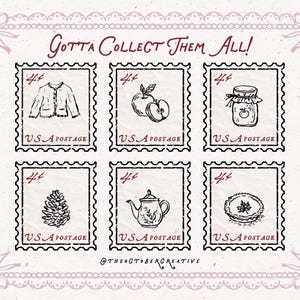The image is a collage of six postage stamps featuring various items such as a jacket, apple, jar, pine cone, teapot, and pie.