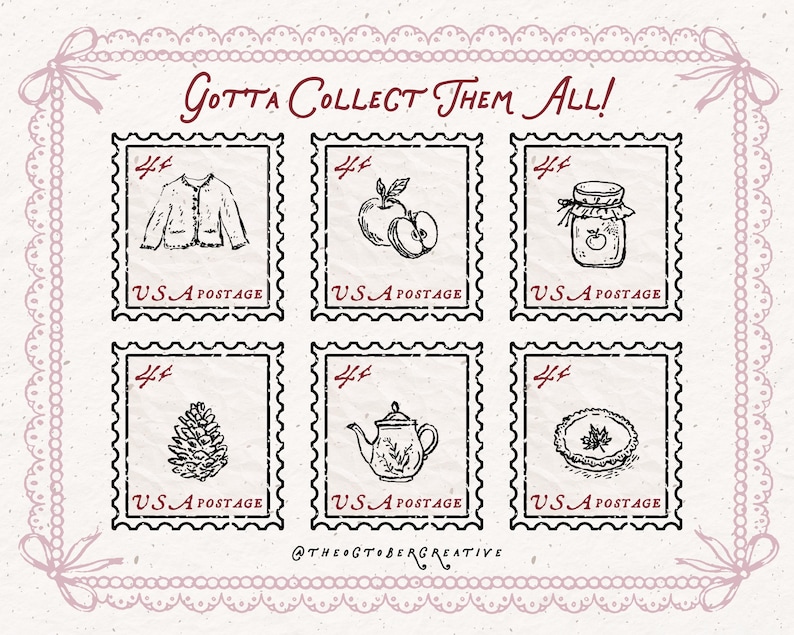 The image is a collage of six postage stamps featuring various items such as a jacket, apple, jar, pine cone, teapot, and pie.