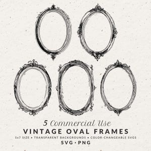 May include: Five vintage oval frames in black and white, each with unique ornate detailing. The frames are empty, ready for customization. Text at the bottom reads "5 Commercial Use VINTAGE OVAL FRAMES".