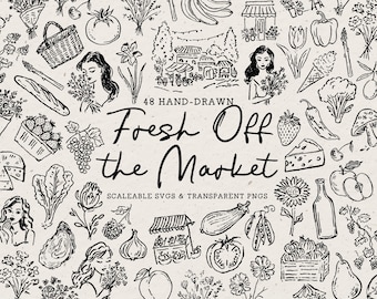 May include: Hand-drawn black and white illustrations of market items, including produce, flowers, and market stalls. The text "Fresh Off the Market" is displayed in a handwritten font. The image is a collection of scalable SVGs and transparent PNGs.