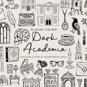 Hand Drawn Dark Academia Doodle Bundle, Library Line Art Illustrations (SVG & PNG Download) image 1