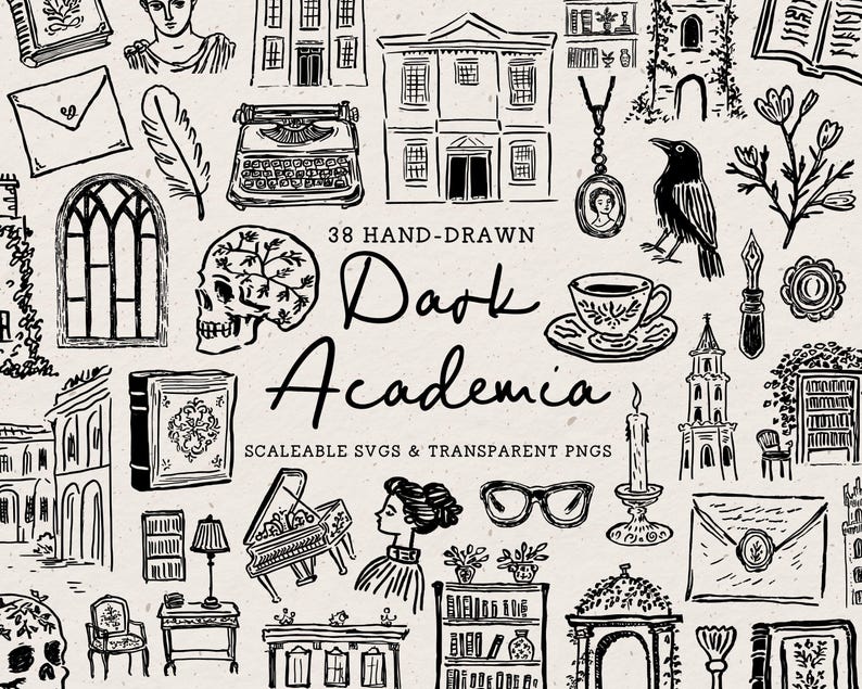 Hand Drawn Dark Academia Doodle Bundle, Library Line Art Illustrations (SVG & PNG Download) image 1