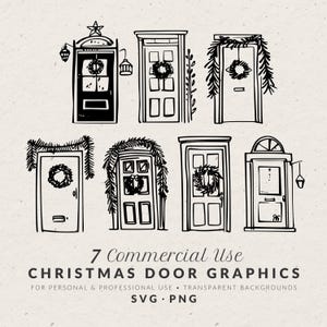 Ilustração de portas de Natal vintage desenhadas à mão SVG PNG, ícones de decoração de inverno, rabiscos de feriados excêntricos, clip art de linha para convite