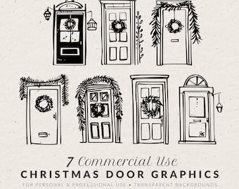 Hand Drawn Vintage Christmas Doors Illustration SVG PNG, Winter Decoration Icons, Whimsical Holiday Doodles, Line Clip Art for Invitation