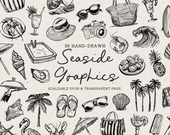 Paquete de ilustraciones de playa dibujadas a mano (SVG/PNG), verano costero, vacaciones en la playa, océano, palmera, ostras, langosta, imágenes prediseñadas en blanco y negro
